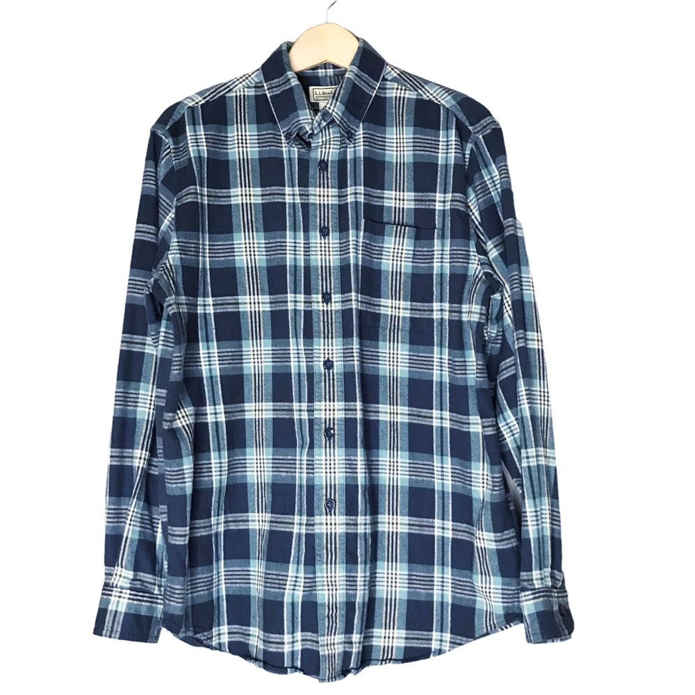 L.L. Bean Blue Grey Scotch Plaid Flannel Shirt Cotton Men's Medium Regular